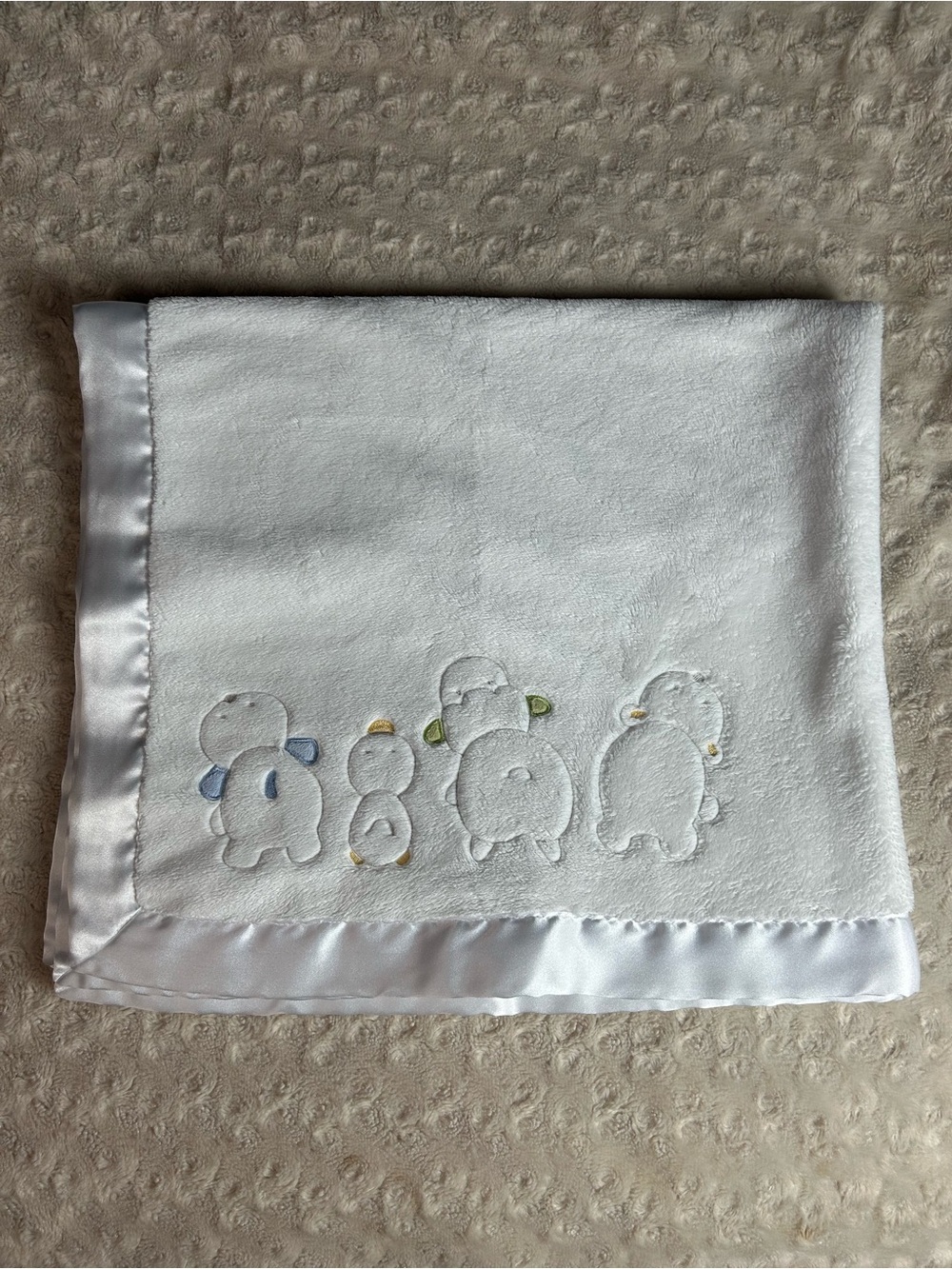 Vintage Carter's White Dog Duck Hippo Bear Baby Blanket Silky Satin Edge Animals